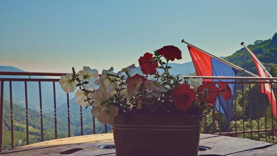foto ravvicinata di stuzzichini su un tavolo che si affaccia al paesaggio di montagna